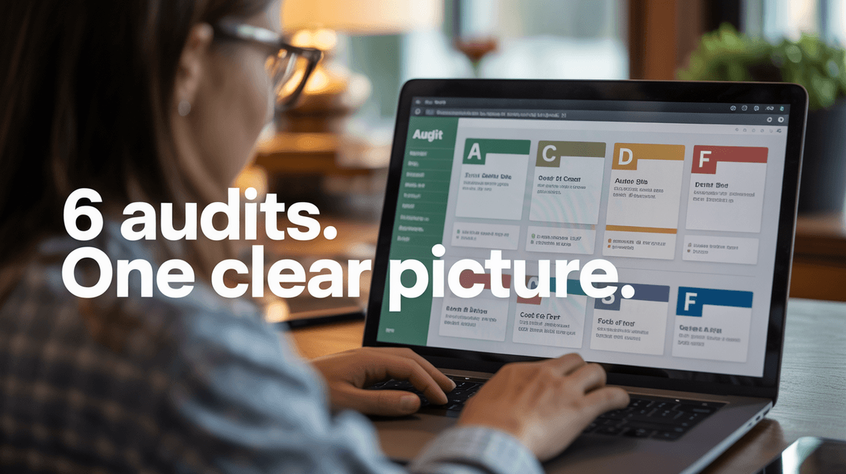 SEO audit dashboard showing letter grades